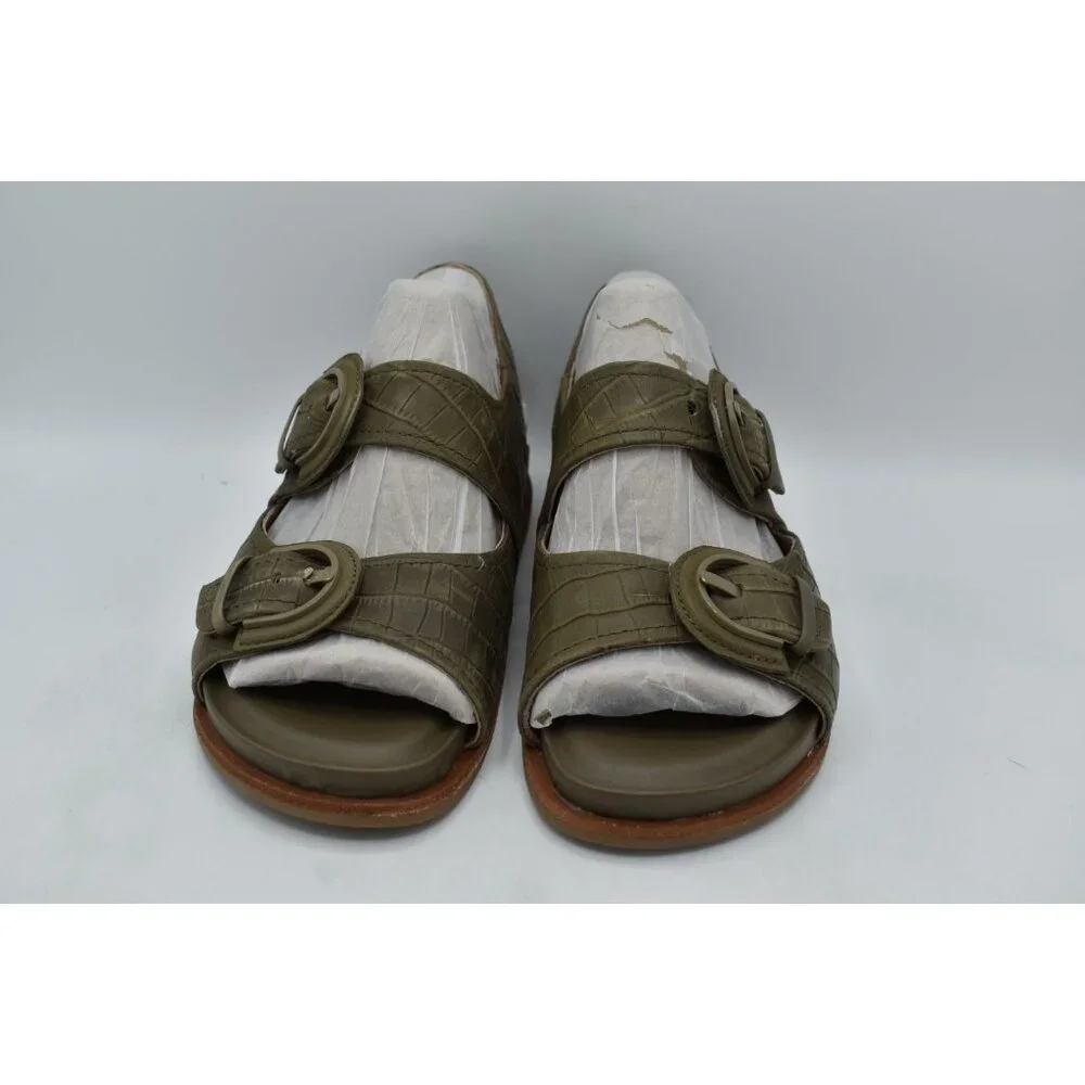 Sofft Women Size 7.5 Adalia Pale Olive Buckle Suede Croc Embossed Leather Sandal